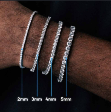 Tennis bracelet width guide: 2mm, 3mm, 4mm, 5mm comparison on wrist