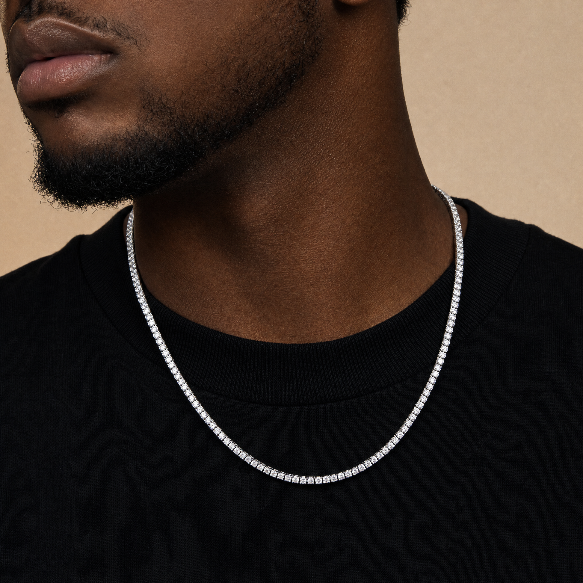 Simulated diamond tennis chain in 925 silver plating, worn on model