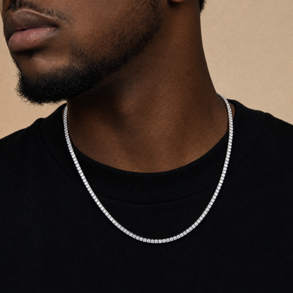 Simulated diamond tennis chain in 925 silver plating, worn on model
