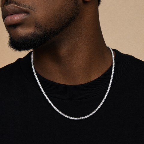 Simulated diamond tennis chain in 925 silver plating, worn on model