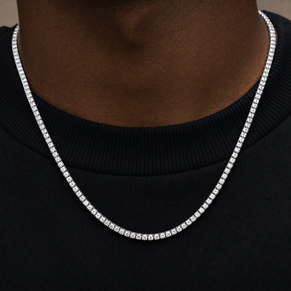 Close-up of simulated diamond tennis chain, 925 silver plated prong-set stones