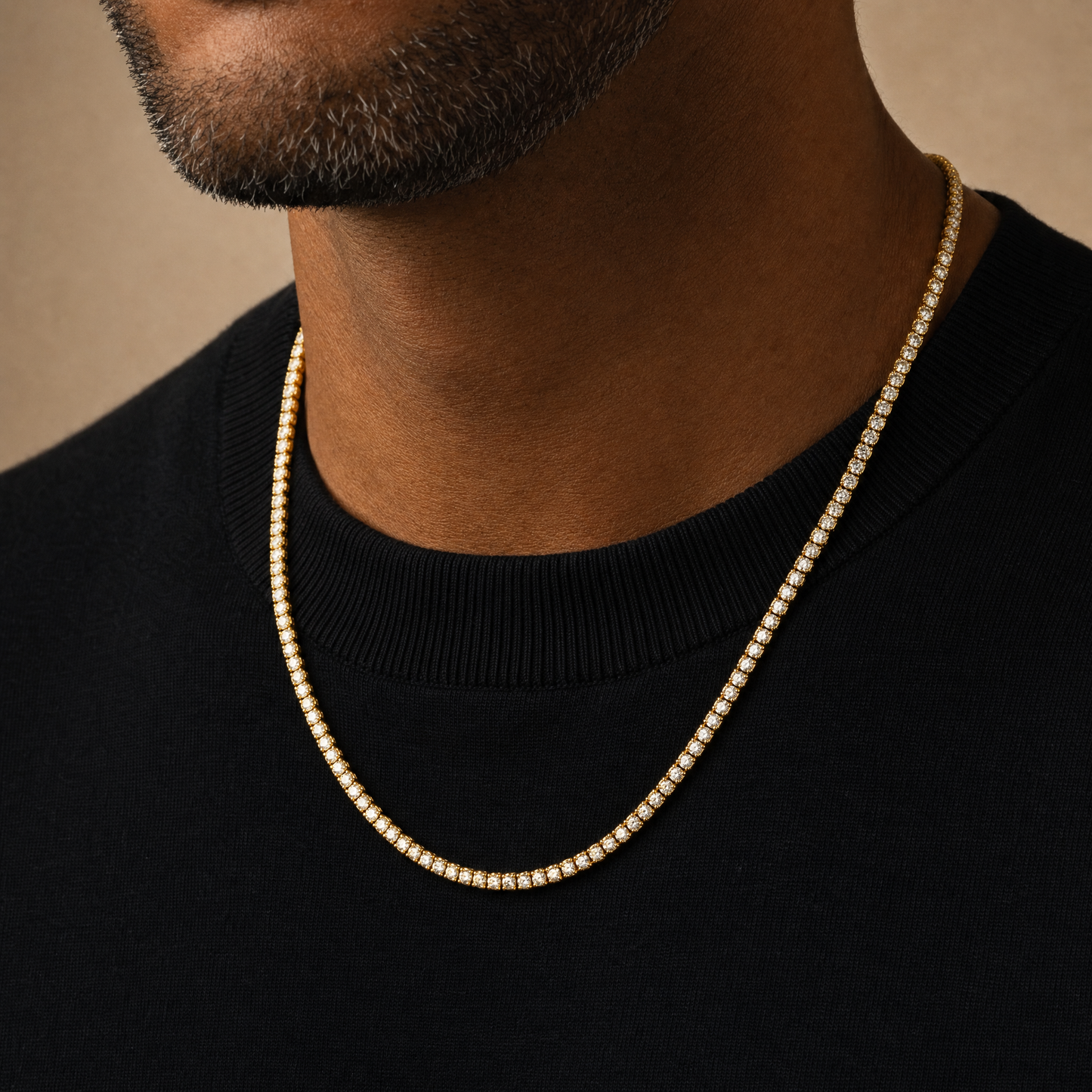 Simulated diamond tennis chain in 18K gold plating, worn on model