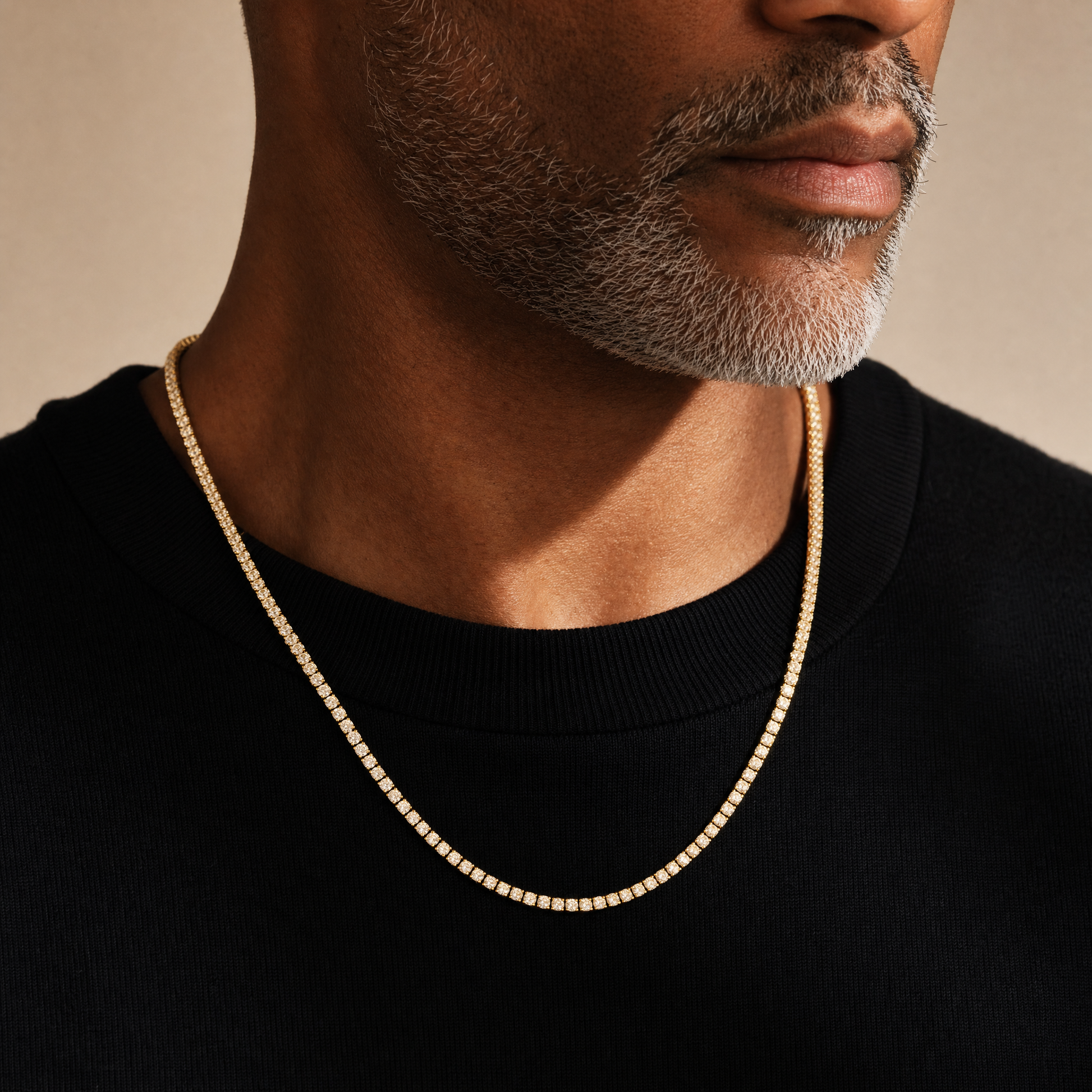 18K gold plated simulated diamond tennis chain, three-quarter angle on model