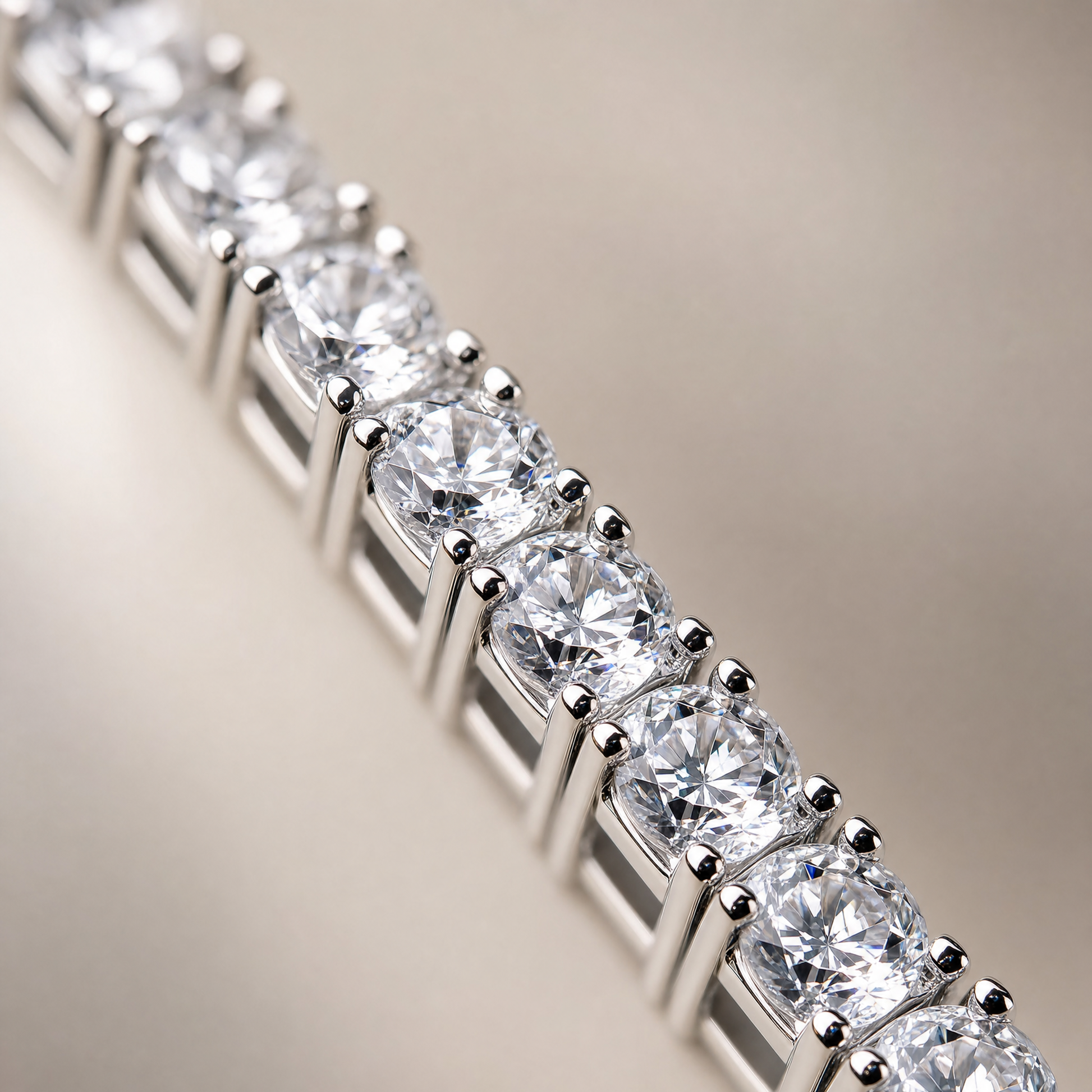 Close-up of 925 silver plated simulated diamond tennis bracelet prongs and stones