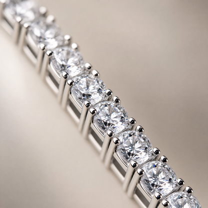Close-up of 925 silver plated simulated diamond tennis bracelet prongs and stones