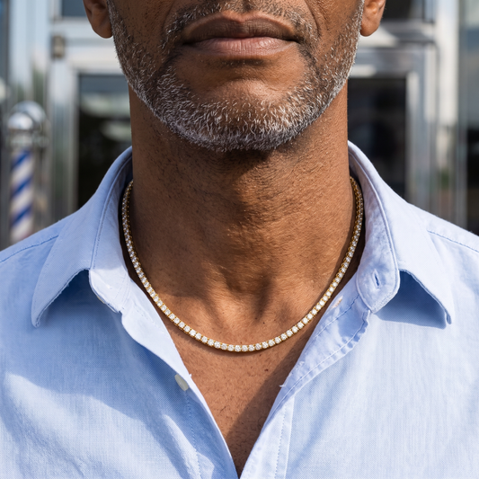 Older man wearing an 18K gold plated Saphir simulated-diamond tennis chain